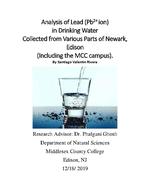 Analysis of Lead (Pb2+ ion) in Drinking Water Collected from Various Parts of Newark, Edison (Including the MCC campus)